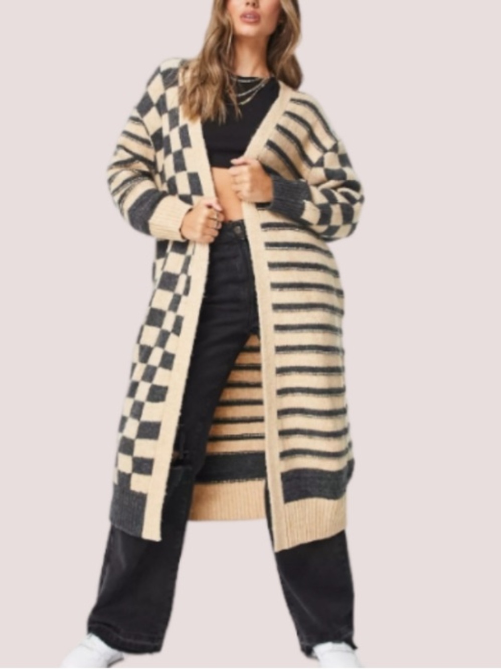 Topshop Checker Print Thick Knit Duster Cardigan*Petite